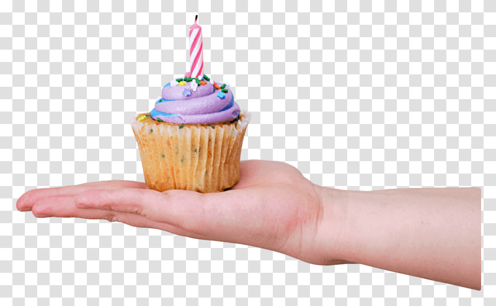 Purple Birthday Cup Cake In Hand Cupcake, Cream, Dessert, Food, Creme Transparent Png