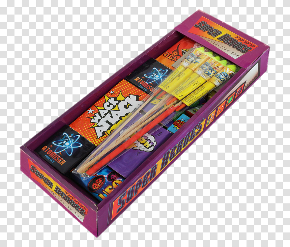 Purple Fireworks Superhero Selection Box Fireworks, Arcade Game Machine, Book, PEZ Dispenser Transparent Png