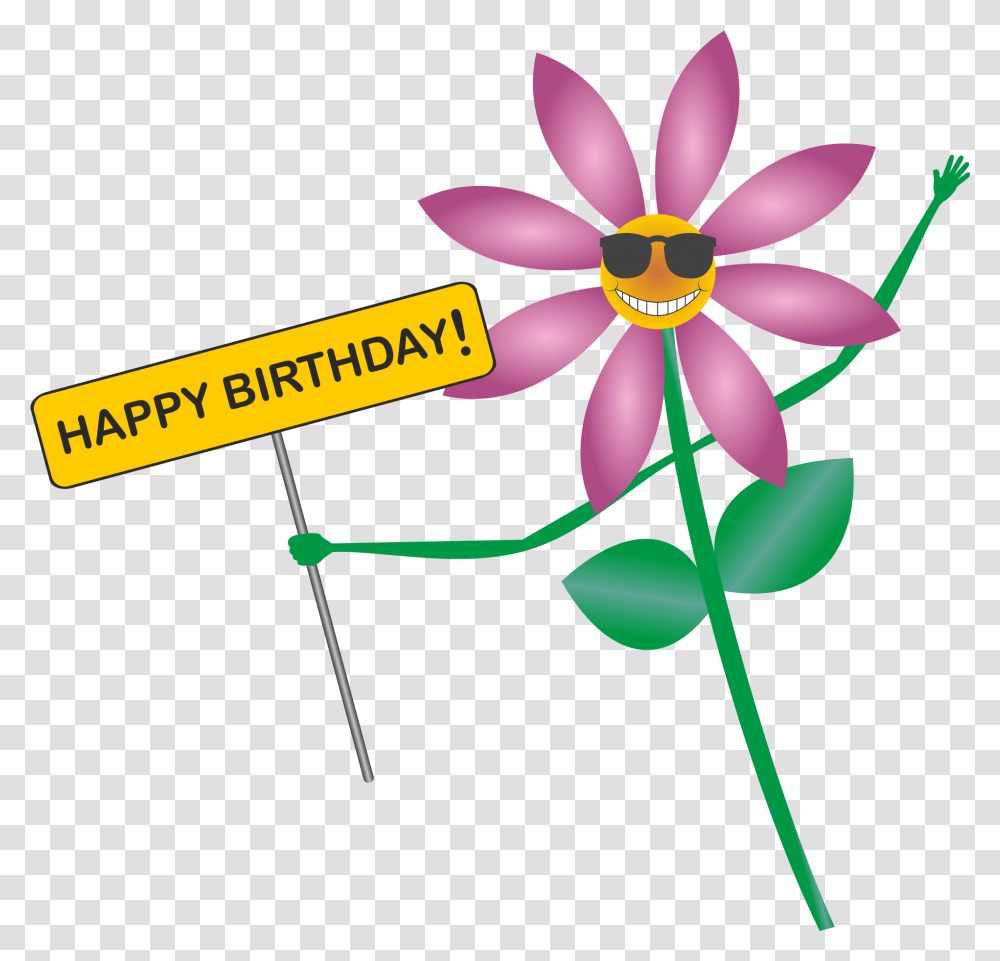 Purple Flower With Banner Happy Birthday Happy Birthday Flower Cartoon, Plant, Anther, Petal, Daisy Transparent Png