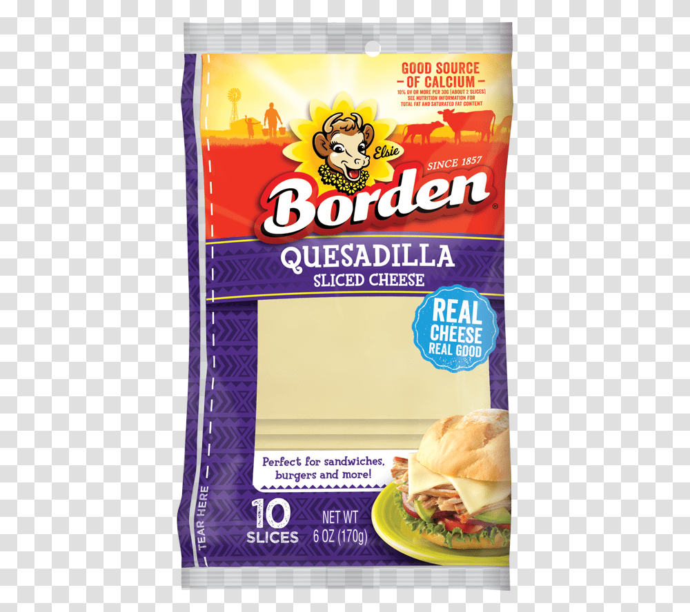 Quesadilla Slices Borden Cheese Borden Natural Cheese Slices, Burger, Food, Poster, Advertisement Transparent Png