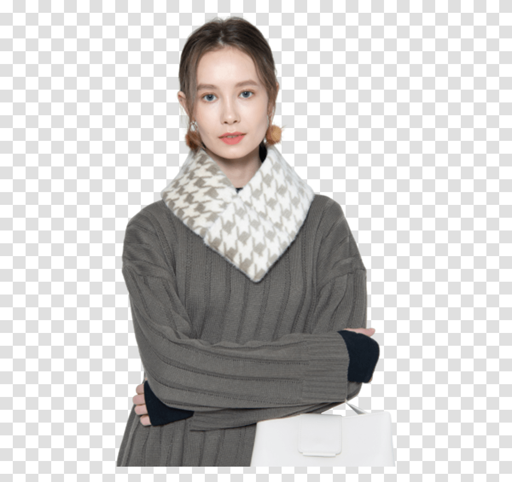 Quilted Panel Houndstooth Scarf Scarf, Person, Sleeve, Fashion Transparent Png
