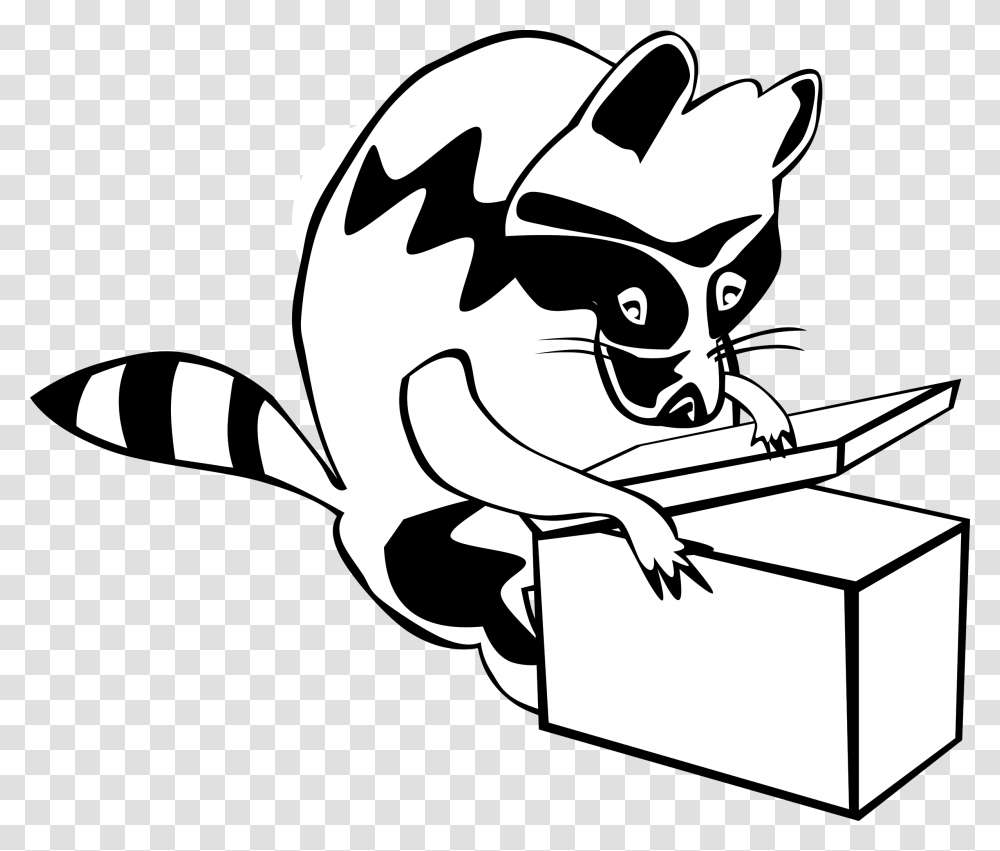 Raccoon Opening Box Clip Arts Open The Box Clipart Black And White, Stencil, Dragon, Carton, Cardboard Transparent Png