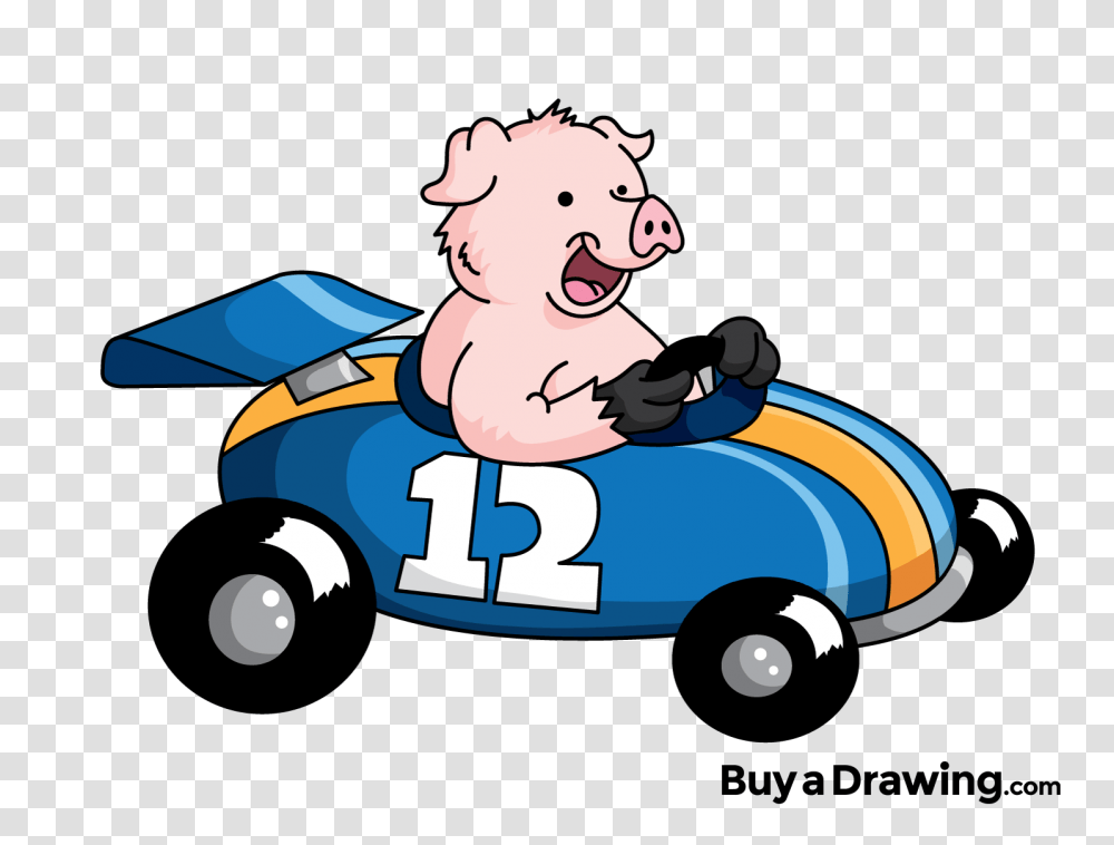 Racing Car Cartoon Pig Drawing, Vehicle, Transportation, Car Wash, Kart Transparent Png