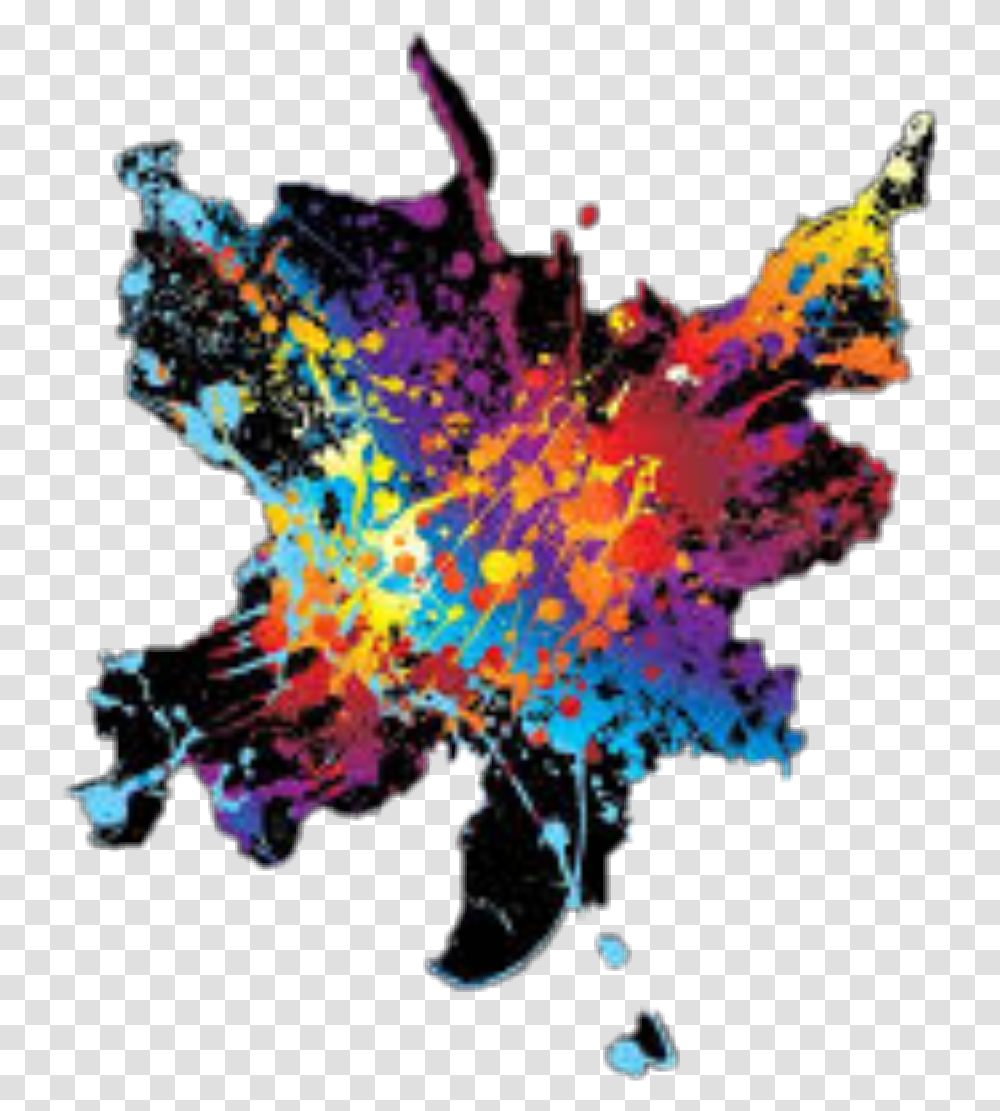 Rainbow Splatter Spilled Paint On Black Canvas, Modern Art, Light Transparent Png