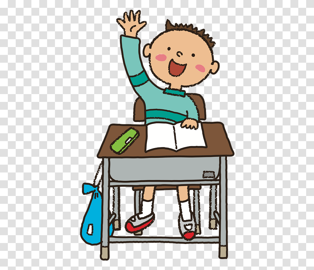 Raised Hand Student Vector Image Student Raising Hand Cartoon, Reading, Furniture, Table, Desk Transparent Png