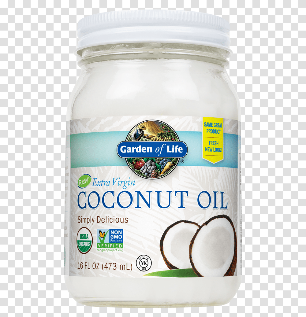 Raw Extra Virgin Coconut Oil Glass Jar Garden Of Life Coconut Oil, Mayonnaise, Food, Plant, Astragalus Transparent Png