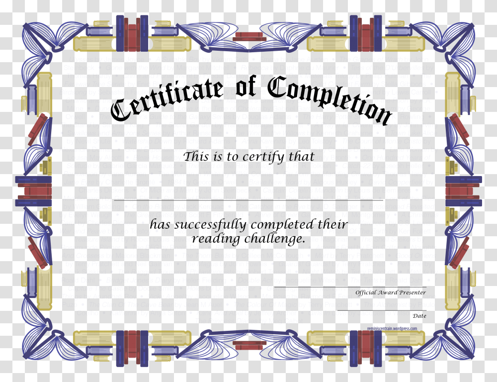 Reading Challenge Certificate Of Completion Freebies Diploma, Pac Man, Flyer, Poster, Paper Transparent Png