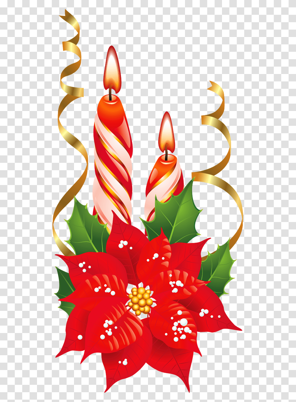 Red And White Christmas Candles With Poinsettia Christmas Candles Clipart, Leaf, Plant, Tree Transparent Png