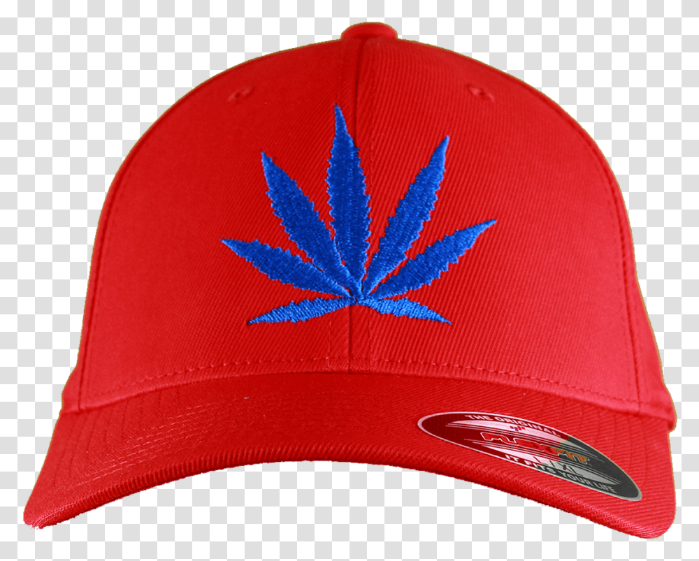 Red Fitted Hat With Blue Leaf Baseball Cap, Clothing, Apparel, Plant, Swimwear Transparent Png