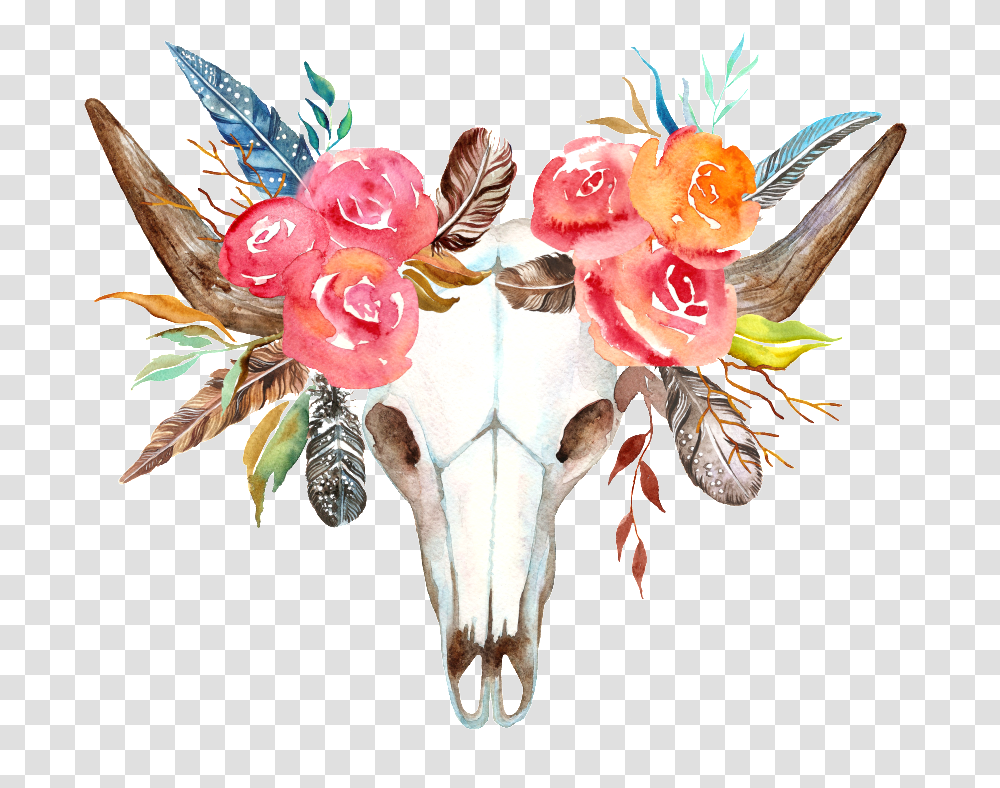 Red Flower Cow Head Decorative Dream Catcher Watercolor Border, Plant, Animal, Pattern Transparent Png