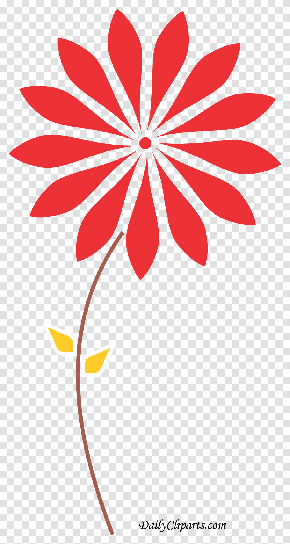Red Flower Yellow Leaves Brown Stem Clipart Icon Daily Daisy Flower Cut Out, Leaf, Plant, Pattern, Tree Transparent Png