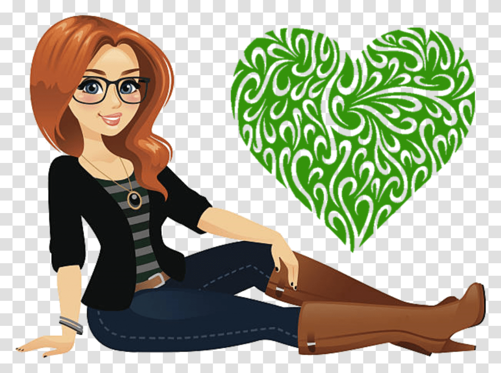 Red Hair Green Heart Hair Heart, Person, Sitting, Female, Outdoors Transparent Png