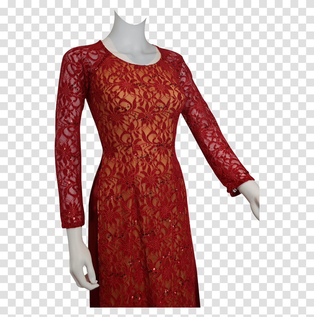 Red Lace Ao Dai Vietnamese Traditional Long Dress Cocktail Dress, Sleeve, Apparel, Long Sleeve Transparent Png