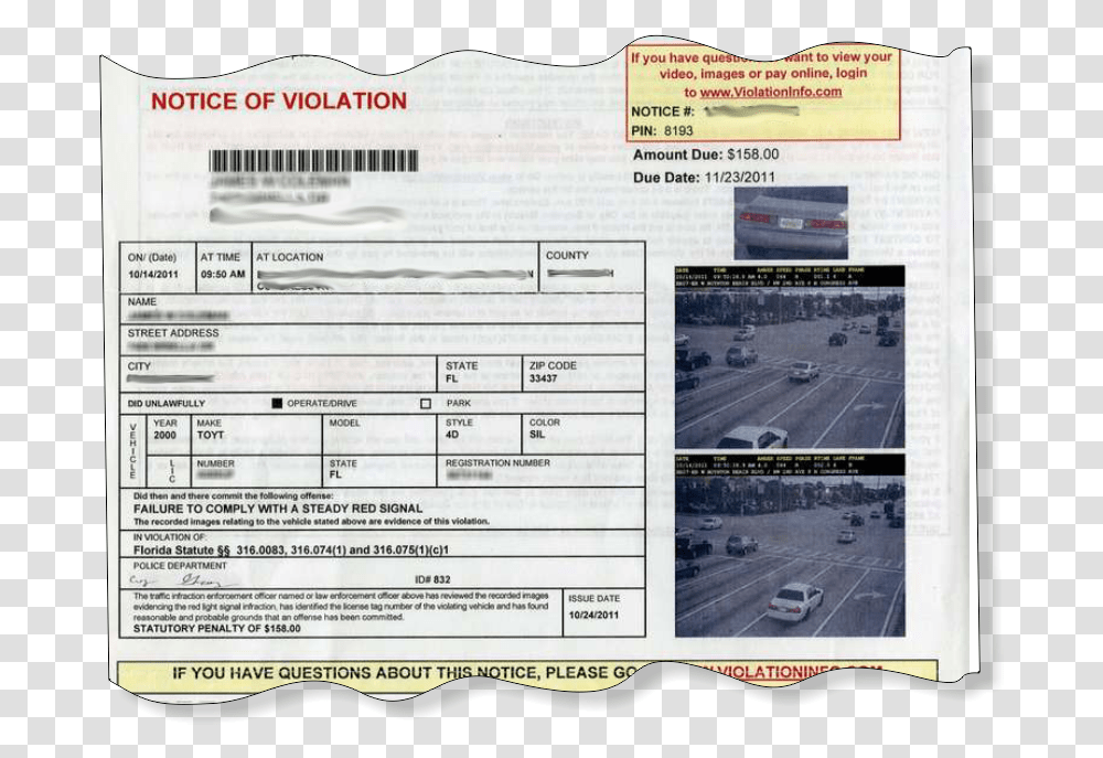 Red Light Ticket Red Light Ticket Florida, Text, Driving License, Document, Car Transparent Png