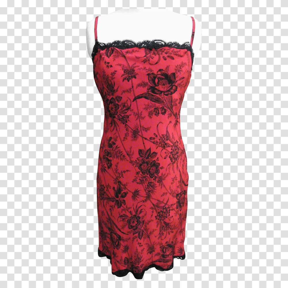 Red Rayon Slip Or Dress With Black Floral Spray Print Black Lace, Apparel, Female, Sock Transparent Png