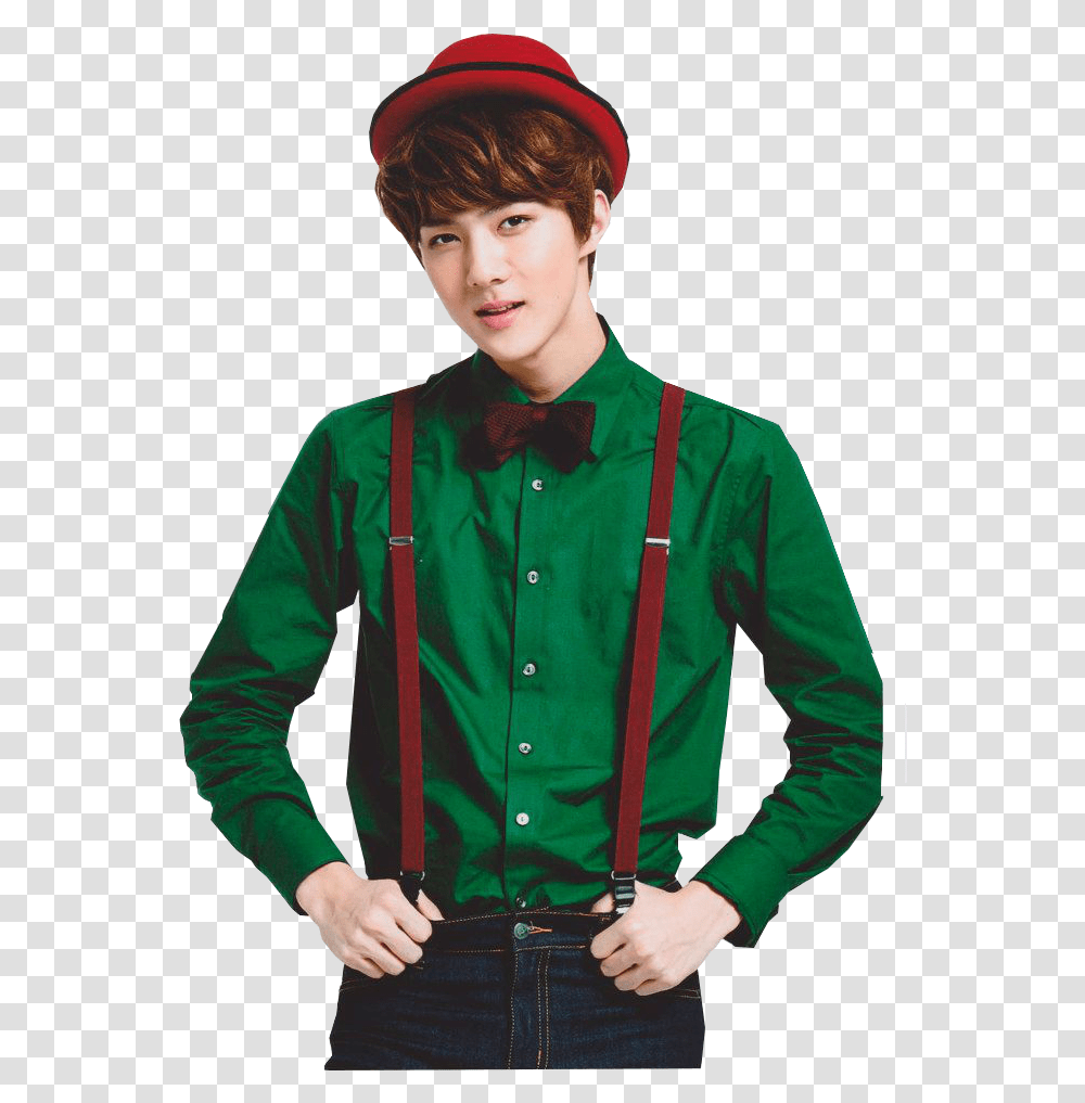 Red Suspenders Green Shirt, Apparel, Person, Human Transparent Png
