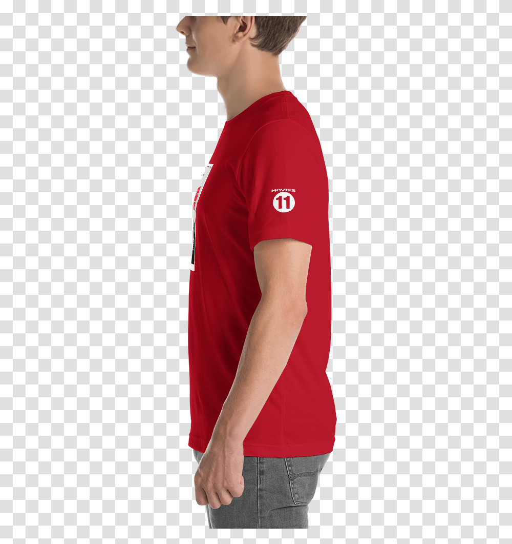 Red Tshirt Side View T Download Tshirt Red Side View, Person, Sleeve, Arm Transparent Png