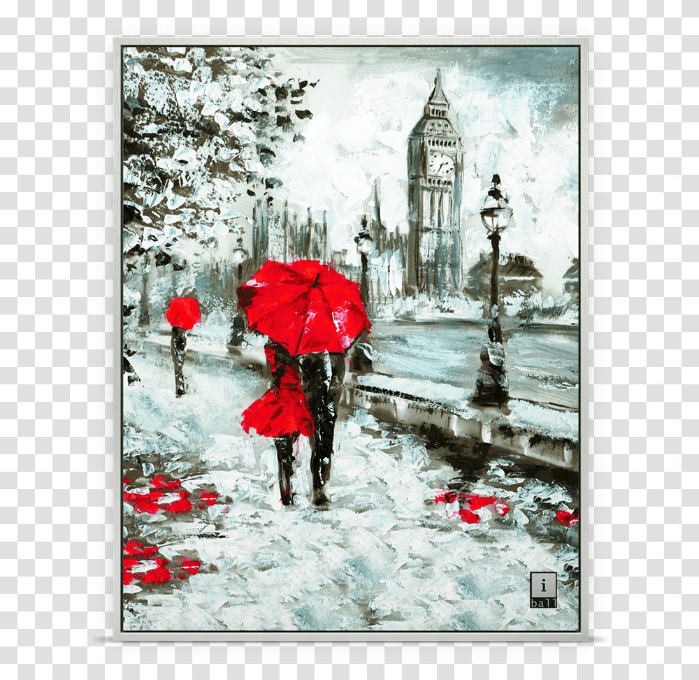 Red Umbrella Couple Painting, Person, Clock Tower, Canopy Transparent Png