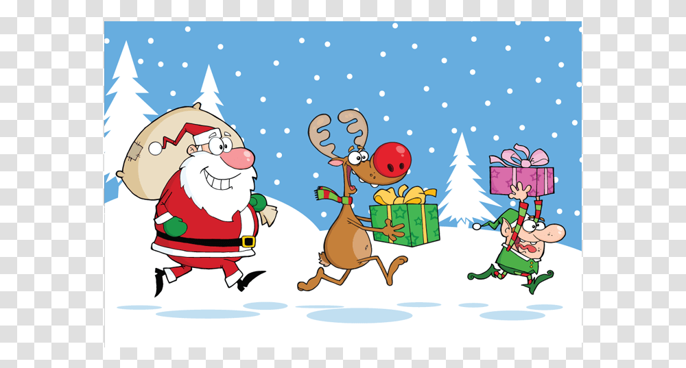 Reindeer Elf And Santa Claus Carrying Christmas Santa Santa Elf And Reindeers, Tree, Ornament Transparent Png