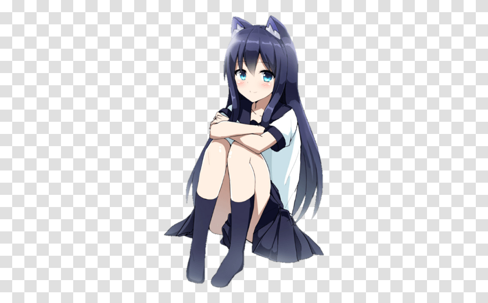 Render 143 Anime Girl Black Hair Blue Eyes Cat, Manga, Comics, Book, Person Transparent Png