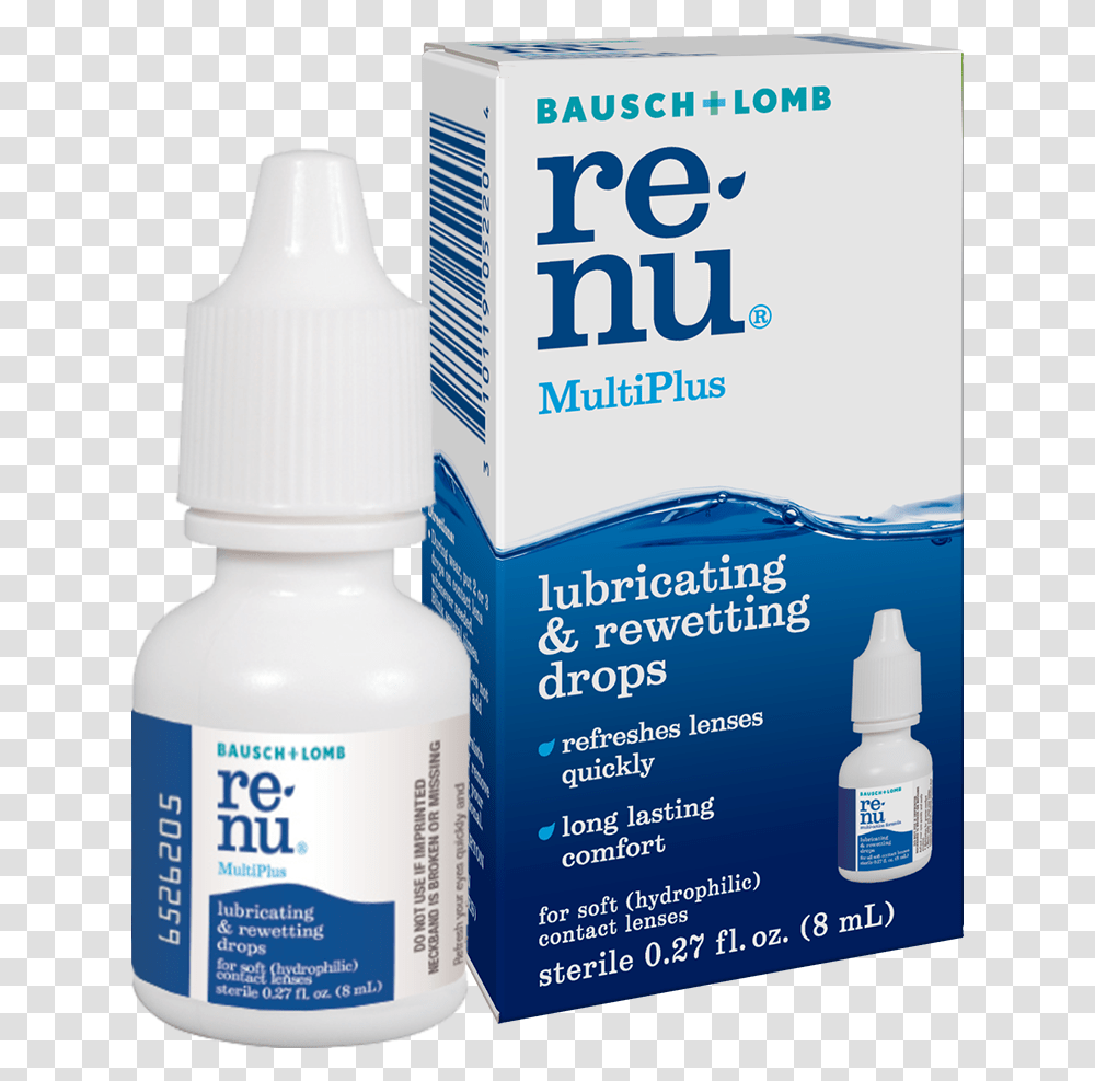 Renu Multiplus Lubricating And Rewetting Drops For Renu Contact Lens Drops, Label, Bottle, Cosmetics Transparent Png
