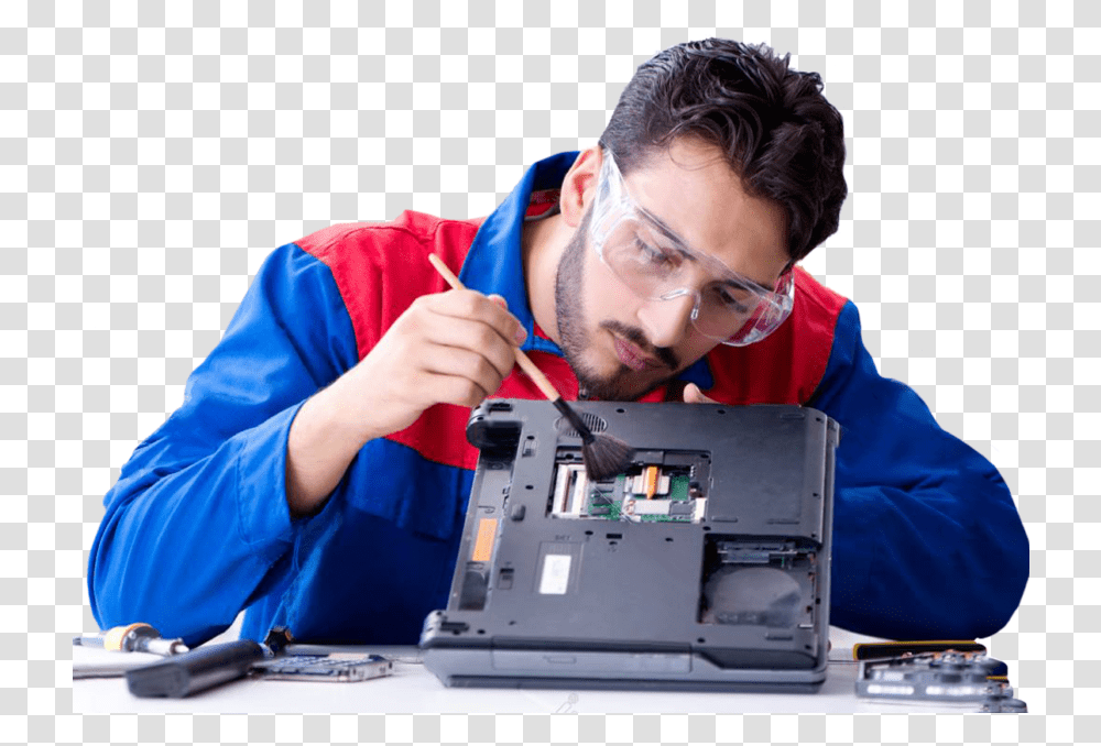 Repairman Working In Technical Fixing Laptop Laptop Repairman, Person, Scientist, Lab, Glasses Transparent Png