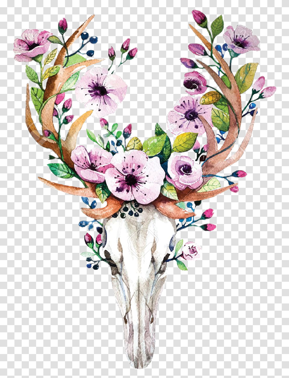 Report Abuse Deer Head With Flowers Full Size Watercolor Deer Skull With Flowers, Graphics, Art, Floral Design, Pattern Transparent Png