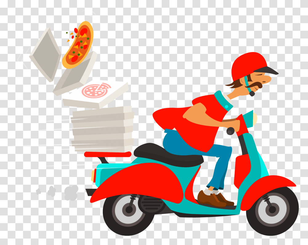 Restaurants Clipart Order Food Pizza Delivery Delivery Man, Scooter, Vehicle, Transportation, Lawn Mower Transparent Png