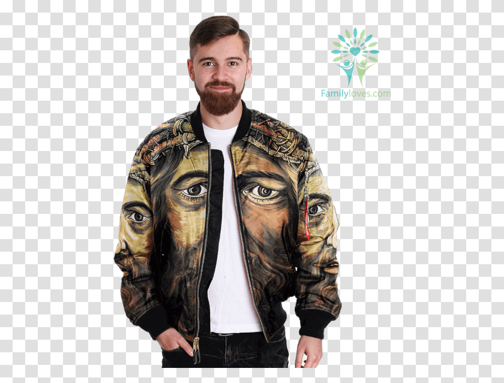 Retrato De Jesucristo Over Print Jacket Tag Familyloves Jacket, Coat, Skin, Sleeve Transparent Png