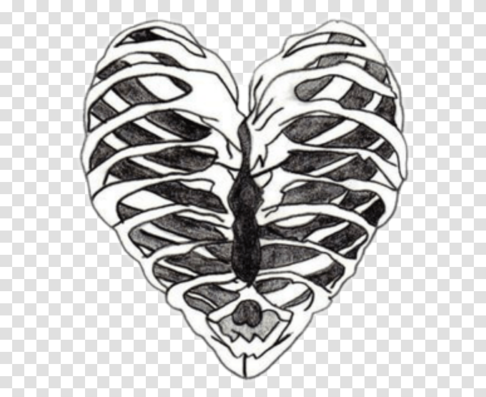 Ribcage Heart Blackandwhite Freetoedit Skeleton Heart, Plant, Flower, Blossom, Tattoo Transparent Png