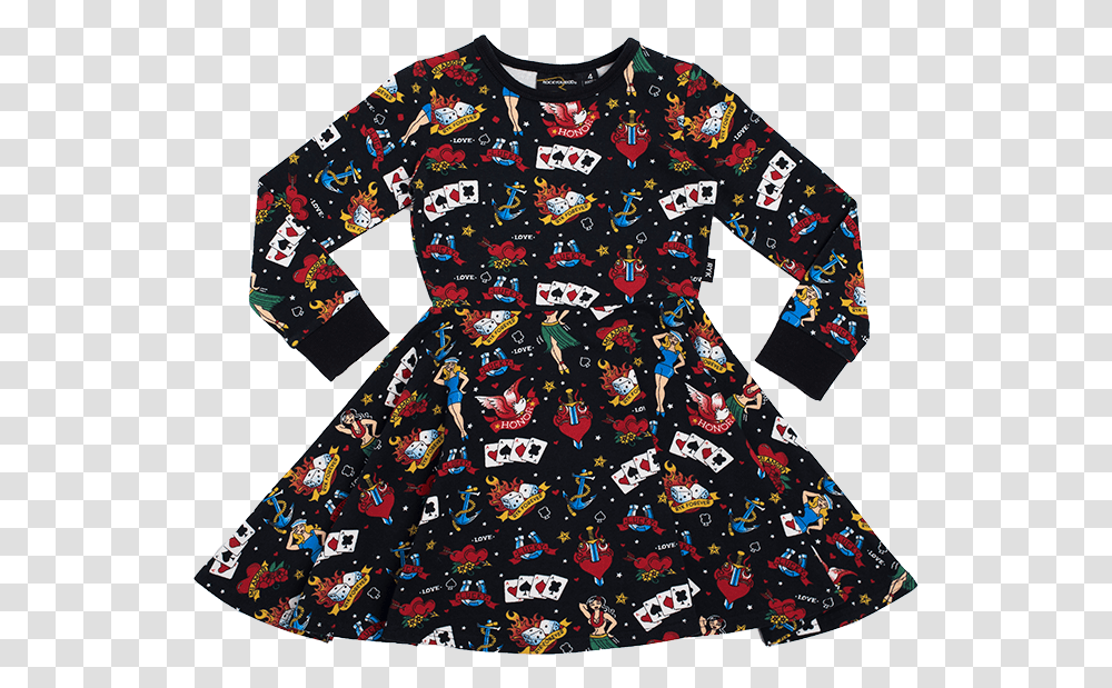 Rock Your Kid Girls Long Sleeve Old School Tattoo Waisted Dress Day Dress, Clothing, Apparel, Suit, Overcoat Transparent Png