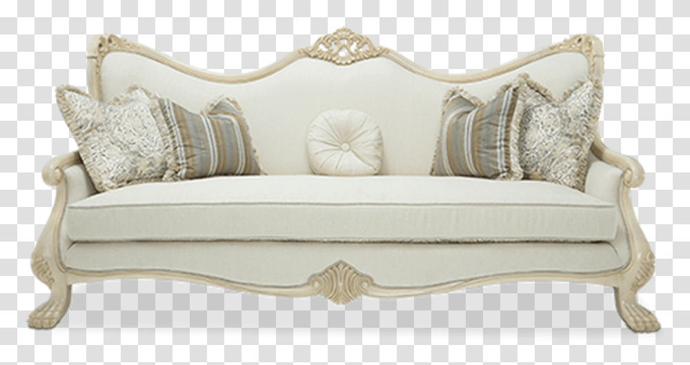 Rococo Style Blanco Finish Wood Trim Cream Fabric Sofa Studio Couch, Furniture, Pillow, Cushion, Home Decor Transparent Png