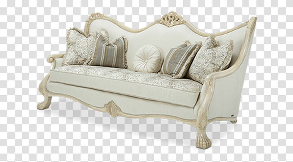 Rococo Style Blanco Finish Wood Trim Cream Fabric Sofa Studio Couch, Pillow, Cushion, Furniture Transparent Png