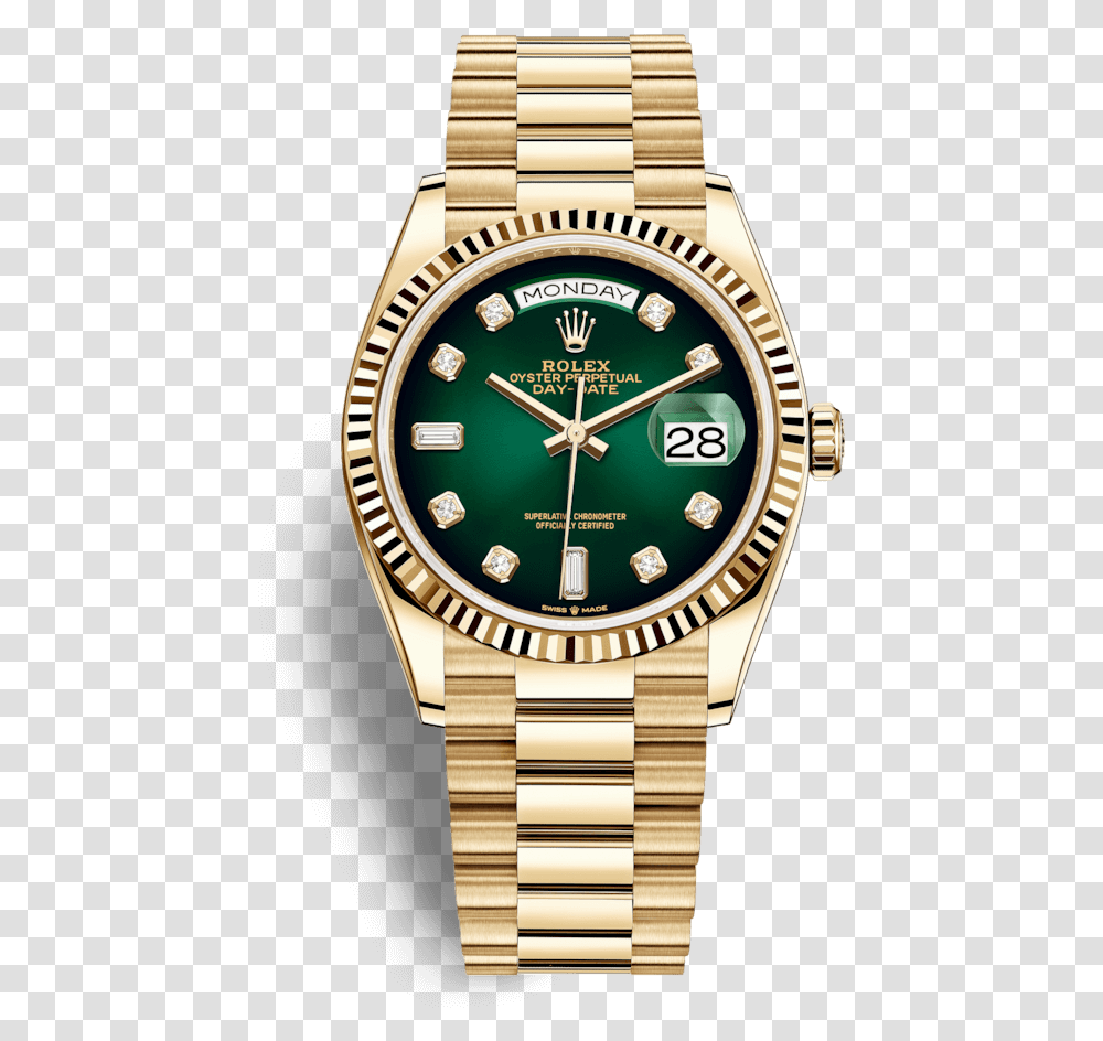 Rolex Day Date 36mm Green Diamond Dial 18k Yellow Gold, Wristwatch, Clock Tower, Architecture, Building Transparent Png