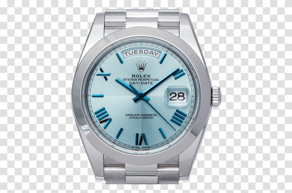 Rolex Day Date 40mm Platinum Ice Blue Roman Dial Analog Watch, Wristwatch, Clock Tower, Architecture, Building Transparent Png