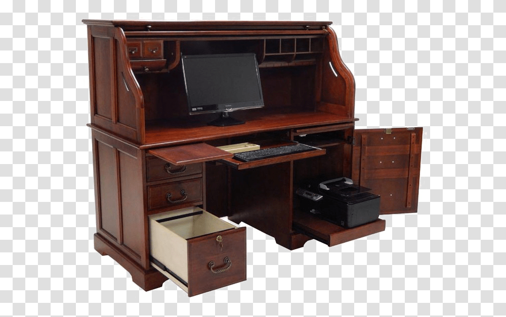 Roll Top Desk Photos Office Table With Computer And Printer, Furniture, Drawer, Monitor, Screen Transparent Png
