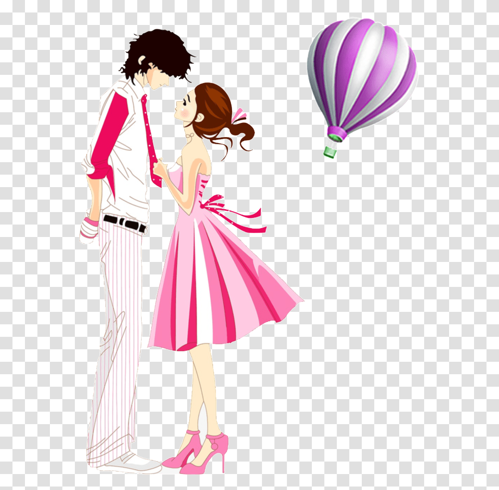 Romantic Hot Air Balloon Cartoon Couple Elements Valentine Day Cartoon Couple, Person, Skirt, Vehicle Transparent Png