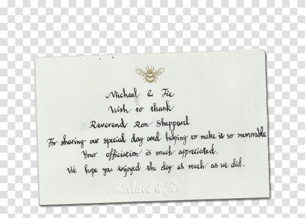 Ron Sheppard Thank You Card Handwriting, Business Card, Paper, Insect Transparent Png