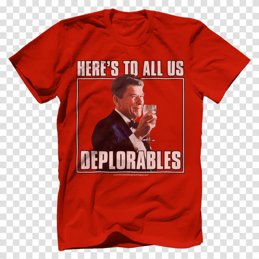 Ronald Reagan Cheers All Deplorables Tee Under Quaker, Clothing, Apparel, T-Shirt, Person Transparent Png