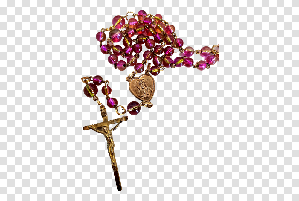 Rosary Pink With Gold Mary And Jesus Heart Christian Cross Rosary Beads Background, Accessories, Accessory, Jewelry, Gemstone Transparent Png
