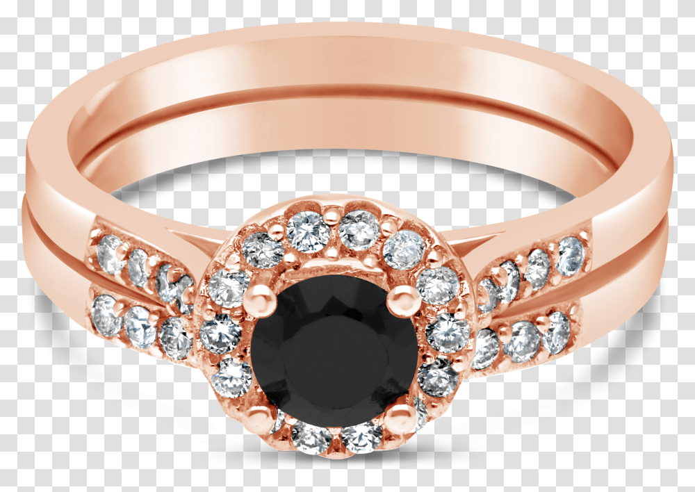 Rose Gold & Black Diamond Halo Ring With Matching Band Rose Gold Black Diamond Rings, Accessories, Accessory Transparent Png