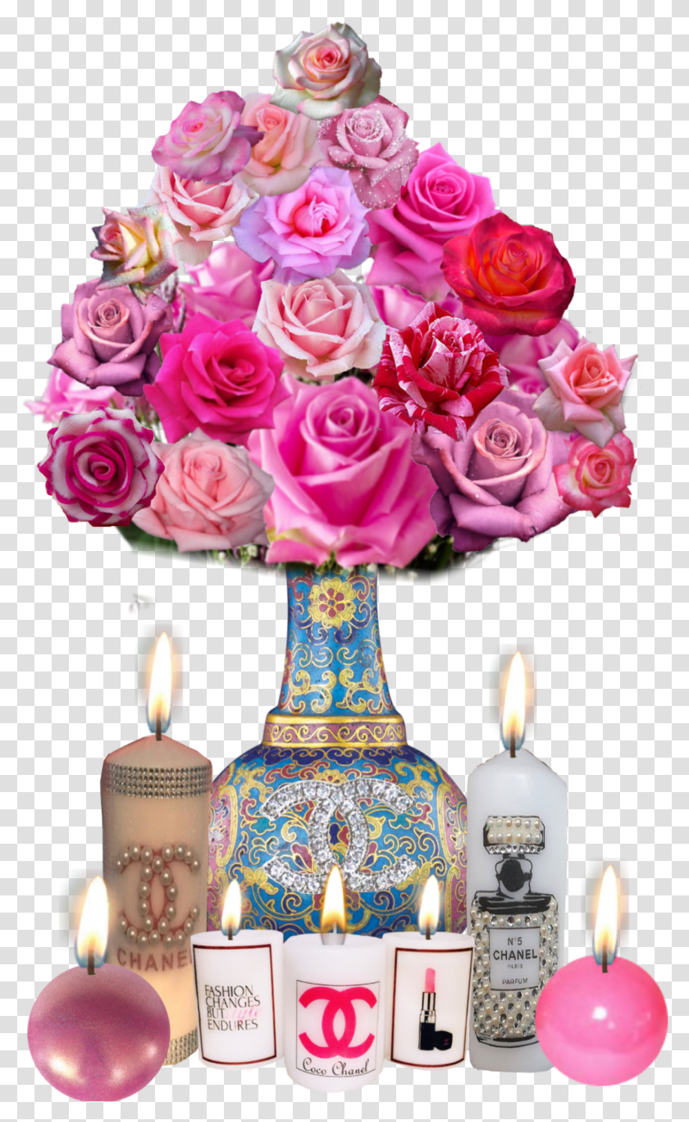 Rose Roses Vase Flowers Flower Decor Candles Rose, Plant, Blossom, Flower Bouquet, Flower Arrangement Transparent Png