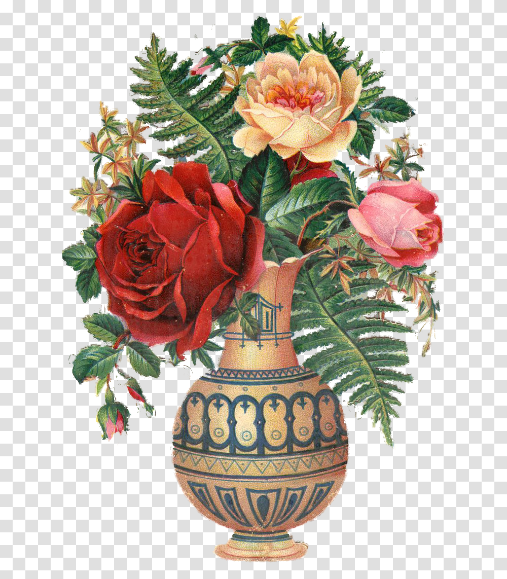 Roses In Vase Vintage Flower Vase Illustration, Plant, Floral Design, Pattern Transparent Png
