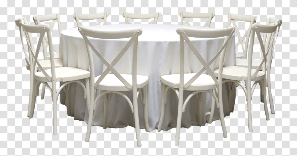 Round Banquet Table With 10 Vintage White Cross Back, Chair, Furniture, Home Decor, Tablecloth Transparent Png