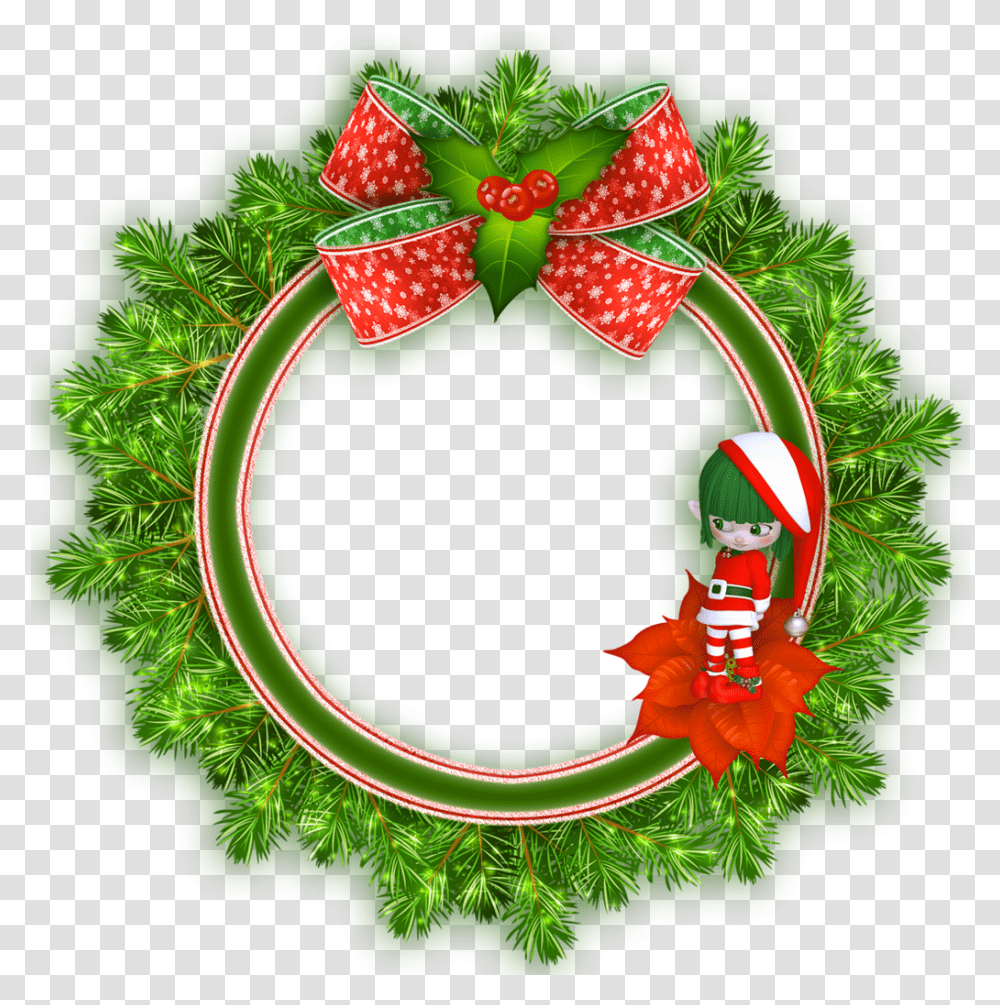 Round Christmas Photo Frame With Elf Circle Christmas Frame Design, Wreath, Birthday Cake, Dessert, Food Transparent Png