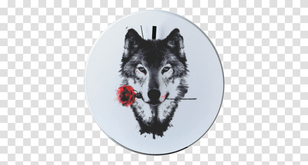 Round Wall Clock With Printing Wolf Wolf With Rose, Mammal, Animal, Dog, Pet Transparent Png
