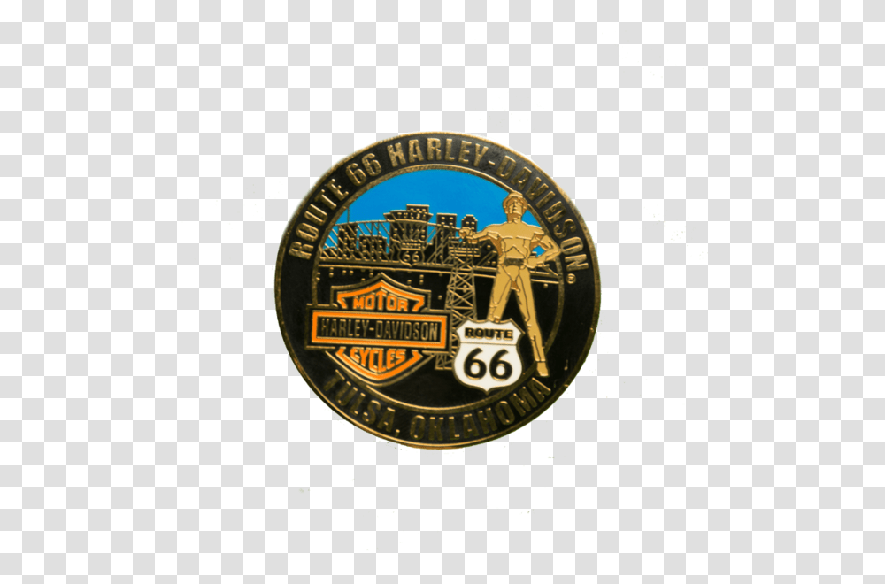 Route 66 Harley Davidson Challenge Coin Emblem, Logo, Clock Tower, Wristwatch Transparent Png