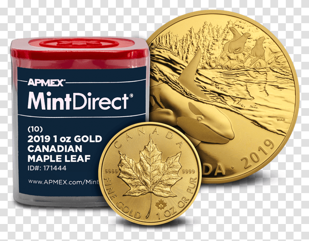 Royal Canadian Mint Gold Apmex Maple Leaf Gold Tube, Coin, Money, Gold Medal, Trophy Transparent Png
