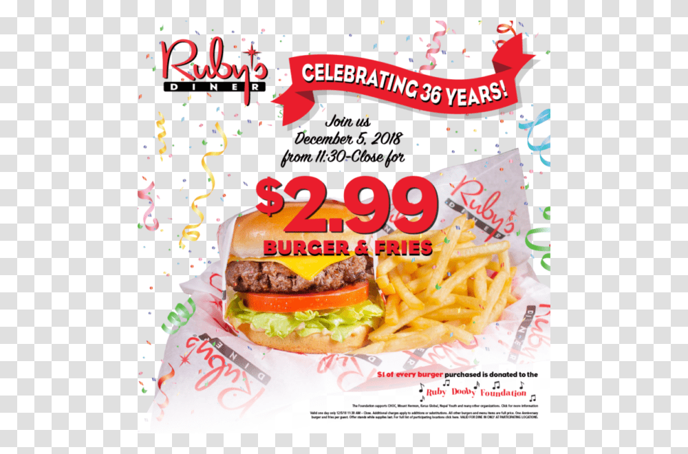 Ruby S Diner Celebrates 36 Years Of Burgers Fries, Advertisement, Poster, Food, Paper Transparent Png