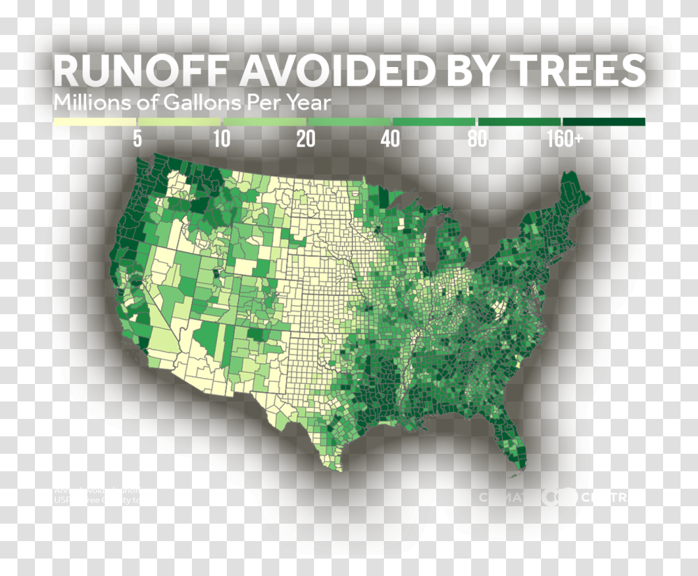 Runoff Avoided By Trees Climate Central Map, Diagram, Vegetation, Plant, Atlas Transparent Png